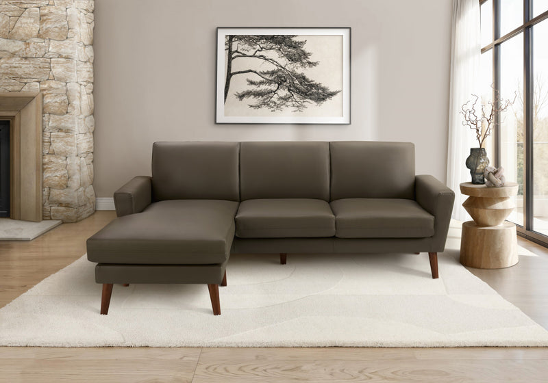Upholstered Chaise Sofa Lounger, 86\" Wide, Dark Brown Leather-Look, Walnut Solid Wood Legs Sofa