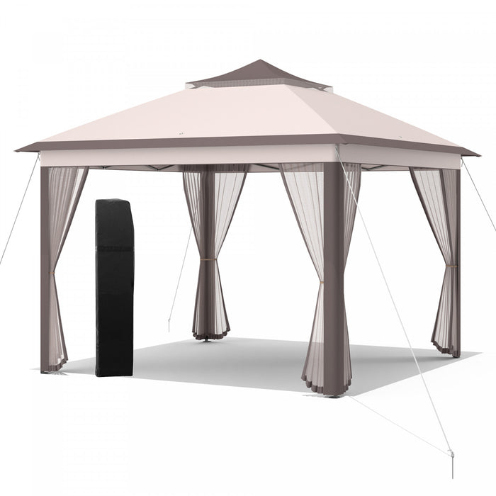 Costway 11'x11' 2-tier Pop-up Gazebo Tent Portable Canopy Shelter Carry Bag Mesh Beige