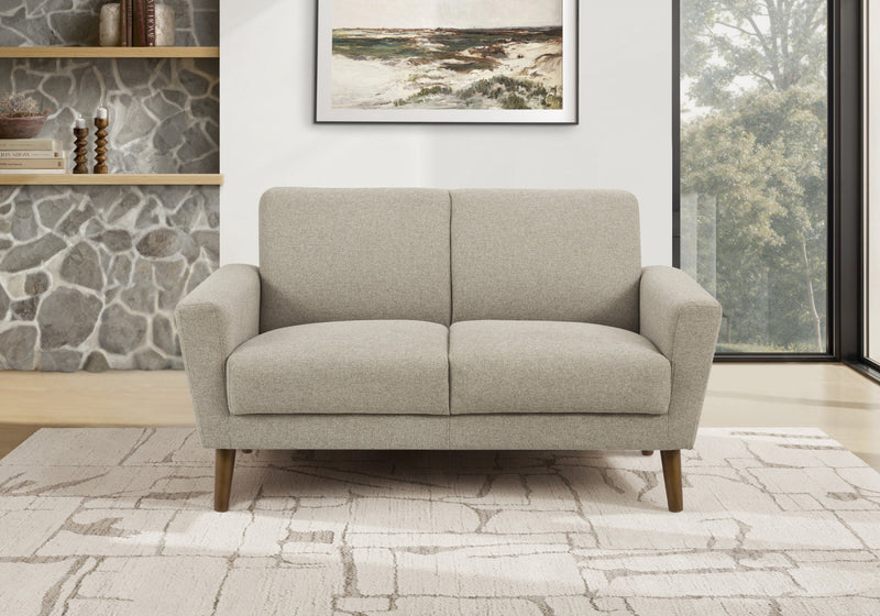 Upholstered Love Seat, 58\" L, Light Brown Fabric, Walnut Wood Legs, Mid-Century, Modern Loveseat