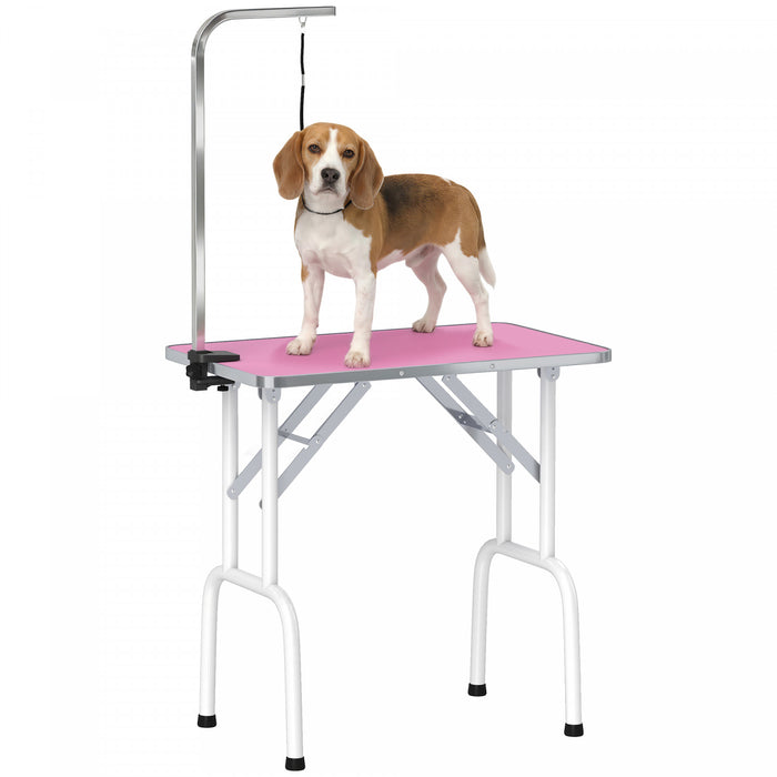 PawHut 32in Foldable Dog Grooming Table for Small Dogs, Pet Grooming Table for Dogs Cats with Adjustable Arm, Non-Slip Surface, Pink