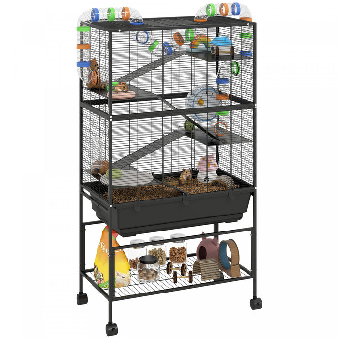 Pawhut Large Hamster Cage With 7\" Deep Tray, 5 Tier Rolling Gerbil Cage With Storage Shelf, Big Exercise Wheel, Tube System, Hut, Platforms, Ramps, For Syrian, Gerbil, Rat
