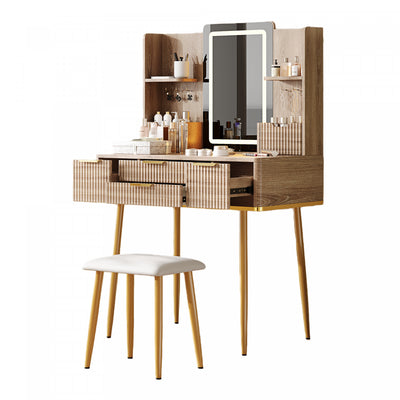 Isabella 4-Drawer Vanity Table Set with LED Mirror and Metal Legs,Yellow Brown Mirror Cabinet  | Isabella Ensemble de coiffeuse 4 tiroirs avec miroir LED et pieds en metal, Brun Jaune