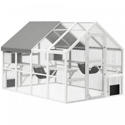 PawHut Extra Large Catio Outdoor Cat Enclosure, 110"L Wooden Feral House with Weatherproof Canopy, Bridges, Resting Boxes, Platforms, Walk in Cat Cage for 3–6 Cats, White