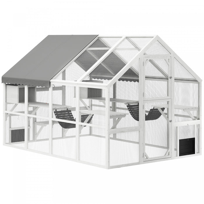 PawHut Extra Large Catio Outdoor Cat Enclosure, 110\"L Wooden Feral House with Weatherproof Canopy, Bridges, Resting Boxes, Platforms, Walk in Cat Cage for 3–6 Cats, White