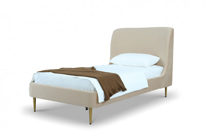 Heather Mid-Century Modern Velvet Upholstered Twin Bed in Gold and Tan | Lit jumeau Heather style milieu du siecle moderne, tapisse de velours, or et beige