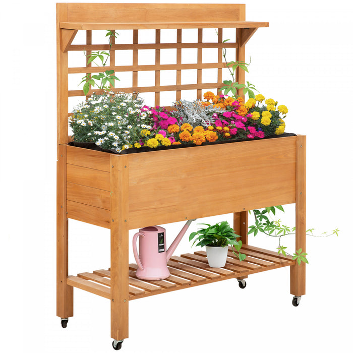 Outsunny Wooden Raised Garden Bed With Wheels And Brakes, Elevated Planter Box With Trellis And Shelves, For Growing Flowers, Vegetables, Herbs In Backyard, Garden, Patio, Balcony