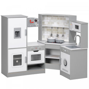 Qaba Corner Play Kitchen, Kids Kitchen Playset, Pretend Play Kitchen Set With Lights & Sounds, Stove Ice Maker Microwave Oven, Clock, Gift For Boys And Girls Aged 3+ Years