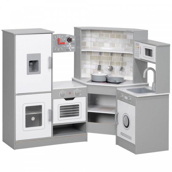Qaba Corner Play Kitchen, Kids Kitchen Playset, Pretend Play Kitchen Set With Lights & Sounds, Stove Ice Maker Microwave Oven, Clock, Gift For Boys And Girls Aged 3+ Years