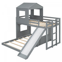 Marico Twin Over Solid Wood Full Bunk Bed With Slide, Playhouse Design - Grey 