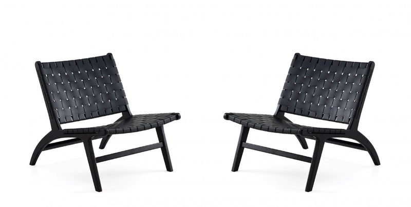 Maintenon Industry Chic Wood Vegan Leather Accent Chair in Black - Set of 2