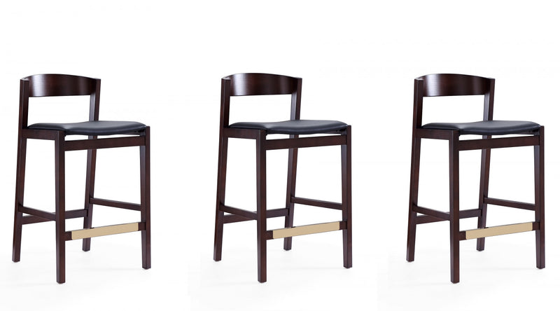 Klismos Mid-Century Modern Wood Upholstered Counter Stool in Black - Set of 3
