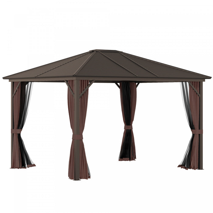Outsunny 10' X 12' Deluxe Hardtop Gazebo With Metal Roof, Aluminum Frame Patio Gazebo Garden Sun Shelter Outdoor Pavilion With Curtains And Netting, Brown