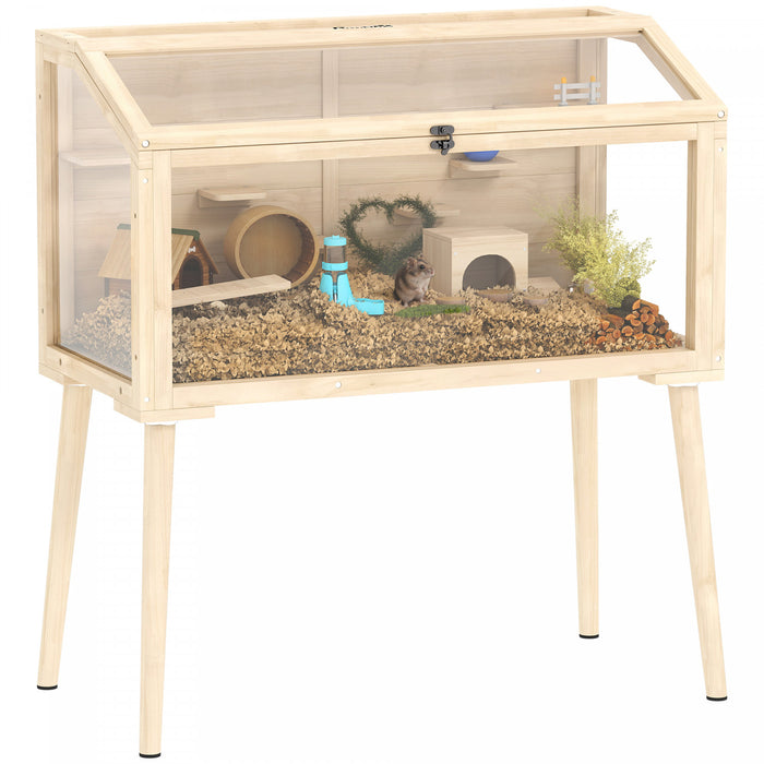 PawHut Wooden Hamster Cage, Gerbil Cage with Openable Top, Seesaws, Platforms, Water Bottle, Hamster Habitat with Transparent Viewing for Syrian, Dwarf, Rats, 43.3\" x 20.5\" x 39.8\"