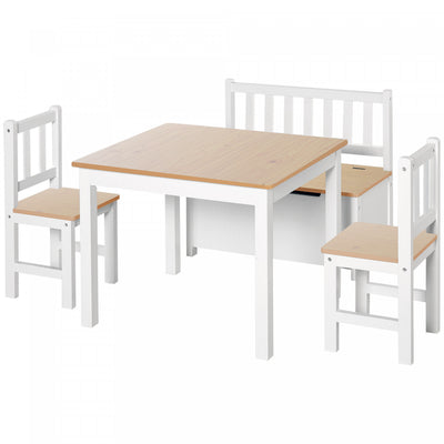 Qaba 4-piece Set Kids Wood Table Chair Bench With Storage Function Easy To Clean Gift For Girls Boys|Qaba Ensemble De 4 Chaises De Table En Bois Pour Enfants Avec Fonction De Rangement, Facile A Nettoy
