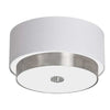 Dainolite Larkin 3 Light Flush Mount Satin Chrome Finish White Fabric Shade Frosted Glass Diffuser Lamp|Plafonnier affleuré Larkin de Dainolite en verre givré, avec abat-jour en tissu blanc qui diffuse la lumière, fini chromé satiné et 3 ampoules