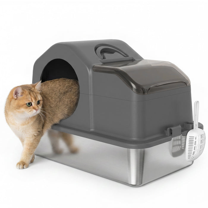 PawHut Stainless Steel Cat Litter Box with Removable Lid, Extra Large Enclosed Litter Box with High Sided, Scoop, Odor Free, Non-Sticky, Anti-Leakage, Easy Clean, Dark Grey