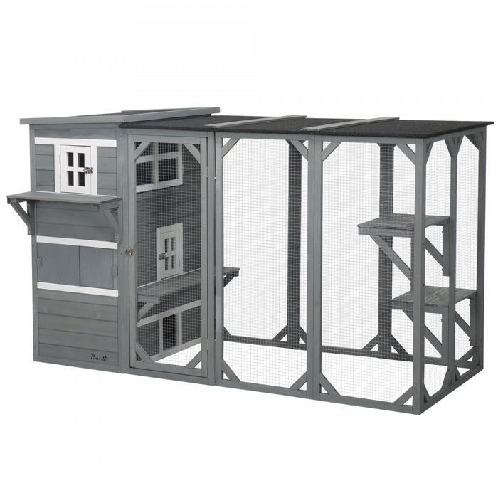 Pawhut Wooden Cat Catio, 76\"l Walk In Outdoor Cat House With Asphalt Roof, Platforms, Lockable Doors, 3-tier Resting Condo, Observation Window, For 2-3 Cats, Light Grey