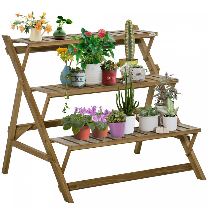 Outsunny 3-tier Ladder Plant Stand Foldable Wood Flower Display Shelf For Indoor Outdoor Home Garden, Brown