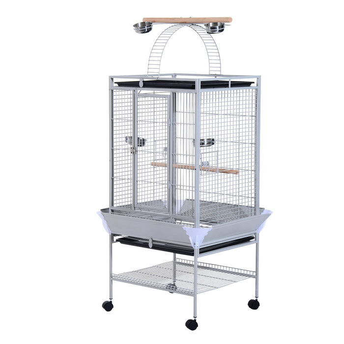 Pawhut 63.5\" Bird Cage For Cockatiels, Conure, African Greys, Porcupines, Indian Ringnecks, Parrot Cage With Wheels, Bird Feeder Stand, Play Top House, Silver