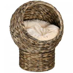 Pawhut Wicker Cat Bed, Elevated Rattan Kitten Bed With Cushion, Cat Egg Chair Kitty House With Stand For Indoor Cats, Grey