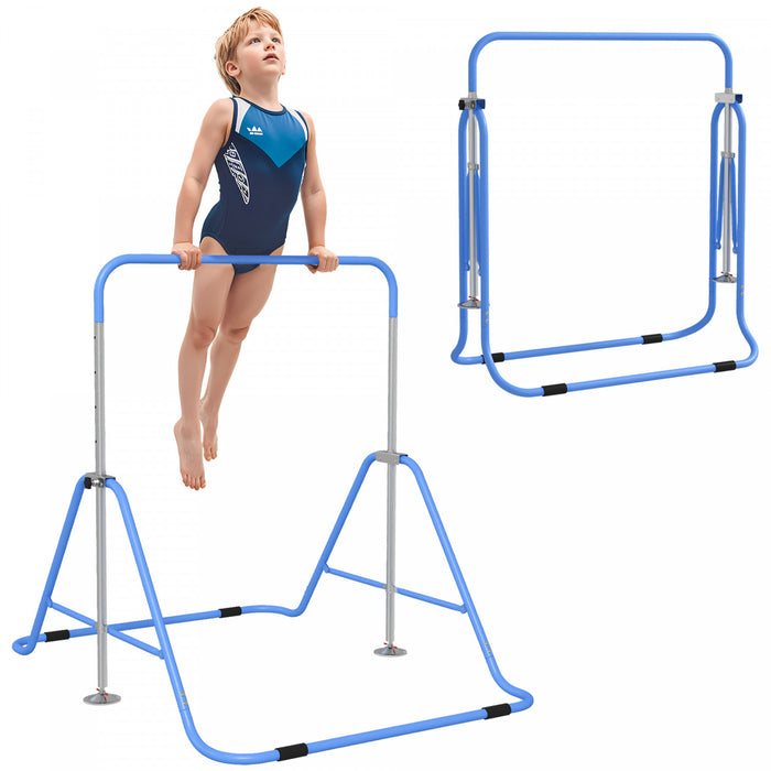 Qaba Gymnastics Bar For Kids, Foldable Gymnastics Equipment With Adjustable Height, Expandable Horizontal Kip Bar For Home Training, Blue