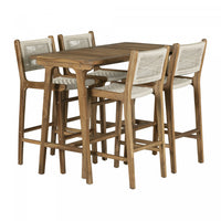 Agave Teak Bar Dining Table And Set Of 4 Woven Rope Bar Stools - Cream And Natural 