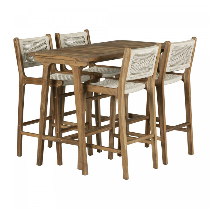 Agave Teak Bar Dining Table And Set Of 4 Woven Rope Bar Stools - Cream And Natural 