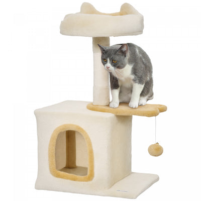 PawHut Cat Tree, 28" Cat Tower for Indoor Kittens with Plush Top Bed, Cozy Condo, Sisal Scratching Post, Perch, Dangling Ball, Beige and Yellow
