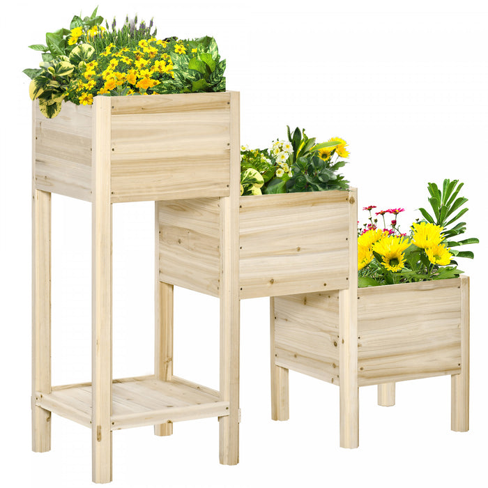 Outsunny 49'' X 18'' X 43'' 3-tier Raised Garden Bed W/ Storage Shelf And Drainage Hole, Wood Elevated Planter Box Kit, Freestanding Wooden Plant Stand For Vegetables, Herb And Flowers