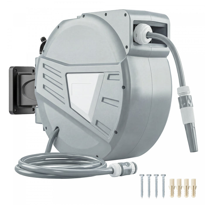 Outsunny Retractable Garden Hose Reel, 1/2\" x 98ft Wall Mounted Hose Reel with Auto Retraction, Self-Locking, Slow Return System, 180° Swivel Bracket and 2 Patterns Nozzle