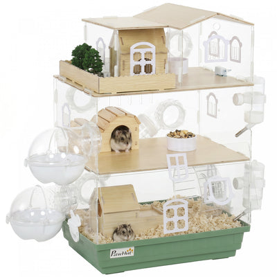 PawHut Large Hamster Cage, 3 Tiers Acrylic Hamster Habitat with Water Bottles, Dishes, Running Wheel and External Bathrooms for Pet Mice, Dwarf Hamster, 13.4" L x 9.8" W x 20.5" H