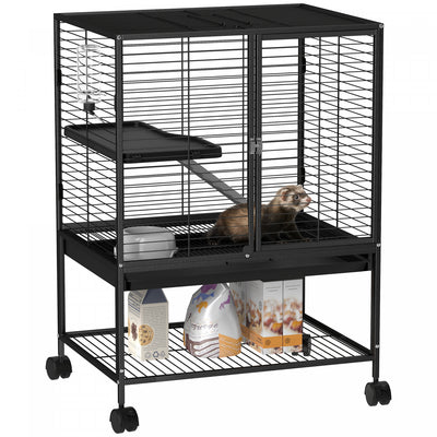 Pawhut Small Animal Cage With Wheels, Pet Playpen For Rat, Kitten, Ferrets, Chinchillas With Bottom Storage Shelf, Removable Tray, Ramp, 24.2" X 17.9" X 33.9", Black