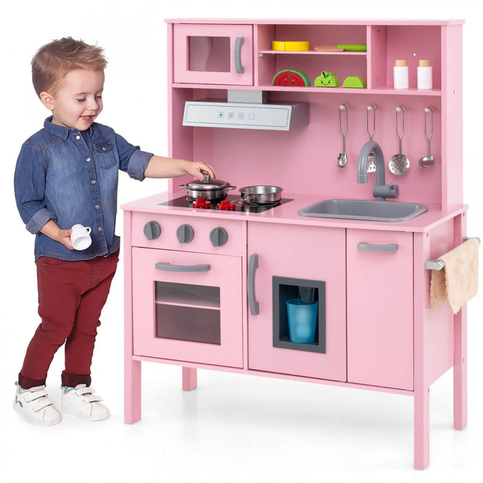 Costway Kids Kitchen Playset Wooden Pretend Play Chef Toy With Microwave & Accessories Pink