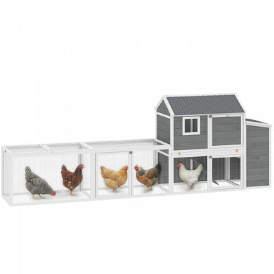 PawHut Large Chicken Coop, 134"L Wooden Chicken House with Run, Nesting Box, Slide-Out Tray, Waterproof Roof and Ramp, Hen House Rabbit Hutch for 4-6 Hens, Rabbits, Grey