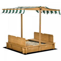 Wooden Kids Sandbox With Cover, Children Outdoor Sand Play Station With Foldable Bench Seats, Adjust