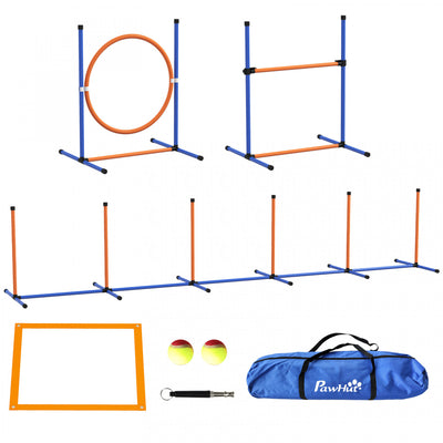 Pawhut Dog Agility Training Equipment, 4 Pieces Dog Obstacle Course Dog Agility Kit with Adjustable Hurdle, Jump Ring, Weave Poles, Whistle, Balls, Pause Box, Carry Bag, Orange