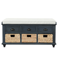 Harvey Solid Wood Storage Bench With Drawers And Rattan Baskets,antique Navy