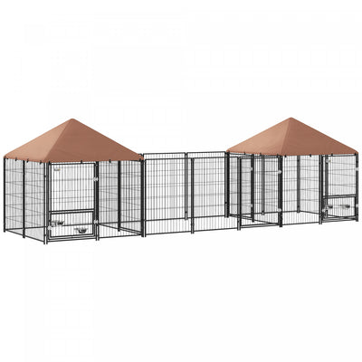 Pawhut Outdoor Dog Kennel With Two Rooms, Dog Run Outdoor With Rotating And Adjustable Height Bowls, Waterproof Uv-resistant Cover, Secure Lock, 16.2' X 4.7' X 5.1'