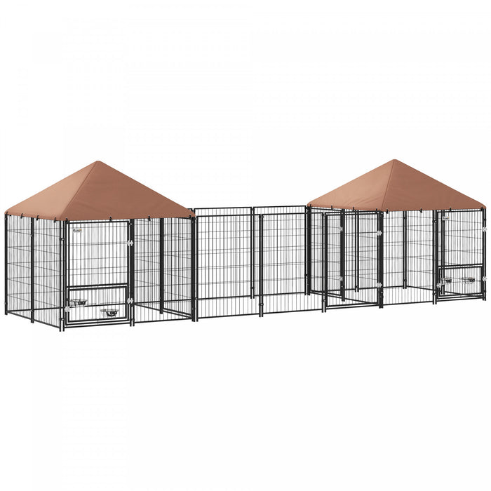 Pawhut Outdoor Dog Kennel With Two Rooms, Dog Run Outdoor With Rotating And Adjustable Height Bowls, Waterproof Uv-resistant Cover, Secure Lock, 16.2' X 4.7' X 5.1'