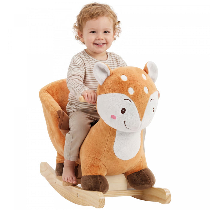 Qaba Rocking Horse for Toddlers 1-3 Years, Deer Baby Rocking Horse with Seat Belt, Stuffed Plush Ride-On Animal with Sounds, Wooden Rocker for Birthday or Christmas Gift, Brown
