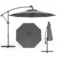 Costway 10FT Patio Offset Umbrella Sun Shade Solar Powered LED 360° Rotation Gray