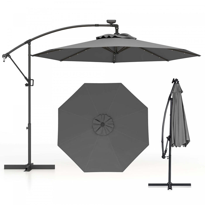 Costway 10FT Patio Offset Umbrella Sun Shade Solar Powered LED 360° Rotation Gray