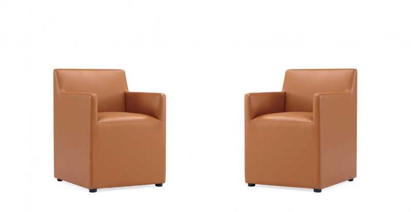 Anna Square Modern Vegan Leather Armchair in Saddle Brown - Set of 2