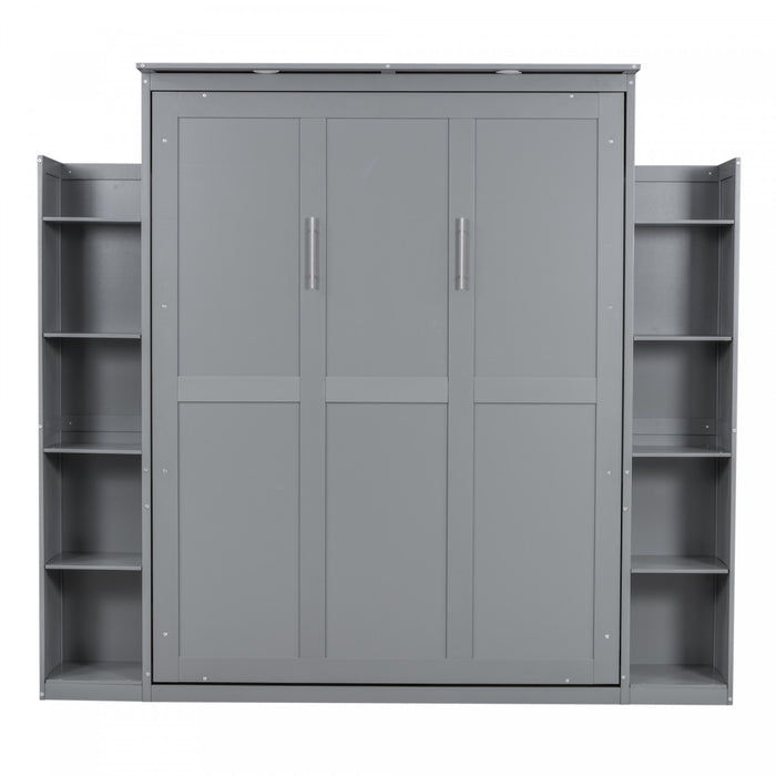 Glenn Engineered Wood Murphy Bed With Shelves And Led Lighting, Queen Size, Grey
