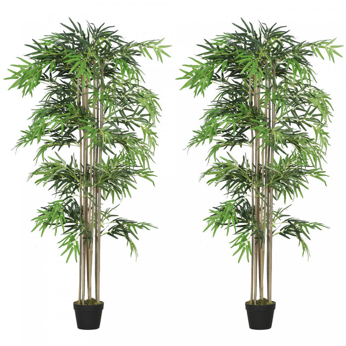 Outsunny 6FT Artificial Bamboo Tree Set of 2 in Pot with 1530 Leaves, Green