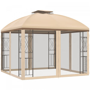 Outsunny 10' X 10' Outdoor Gazebo Canopy With Display Corner Shelves, Double Tier Roof, Removable Mesh Curtains - Beige