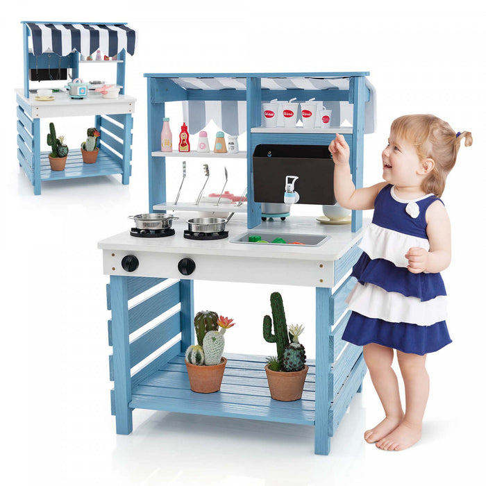 Costway 2-in-1 Wooden Mud Kitchen With Canopy Removable Sink Water Box Faucet Sound Effect