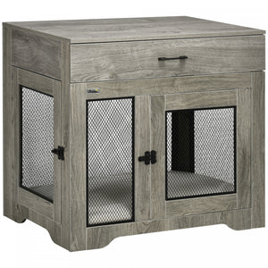Pawhut 32in Dog Crate Furniture With Cushion, 2 Doors, Dog Kennel End Table With Storage, Indoor Dog Cage For Small Medium Dogs, Grey