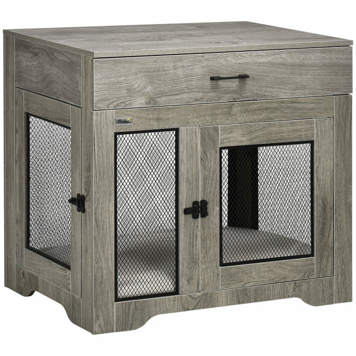 Pawhut 32in Dog Crate Furniture With Cushion, 2 Doors, Dog Kennel End Table With Storage, Indoor Dog Cage For Small Medium Dogs, Grey