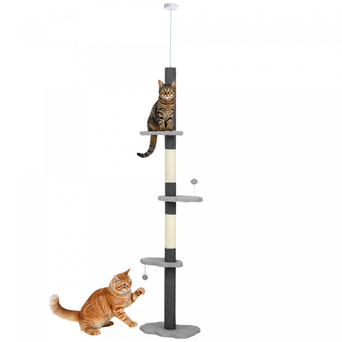 PawHut Floor to Ceiling Cat Tree with Scratching Posts, 88.5\"-100.5\" Adjustable Height Cat Tower with Cloud Shaped Platforms, Dangling Balls, Grey